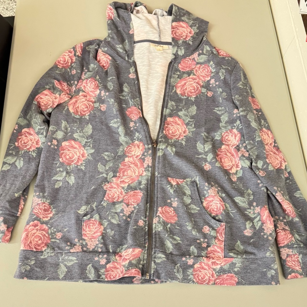 Style & Co. Woman’s Gray and Pink Floral Bomber Jacket Cardigan Sweater Hoodie